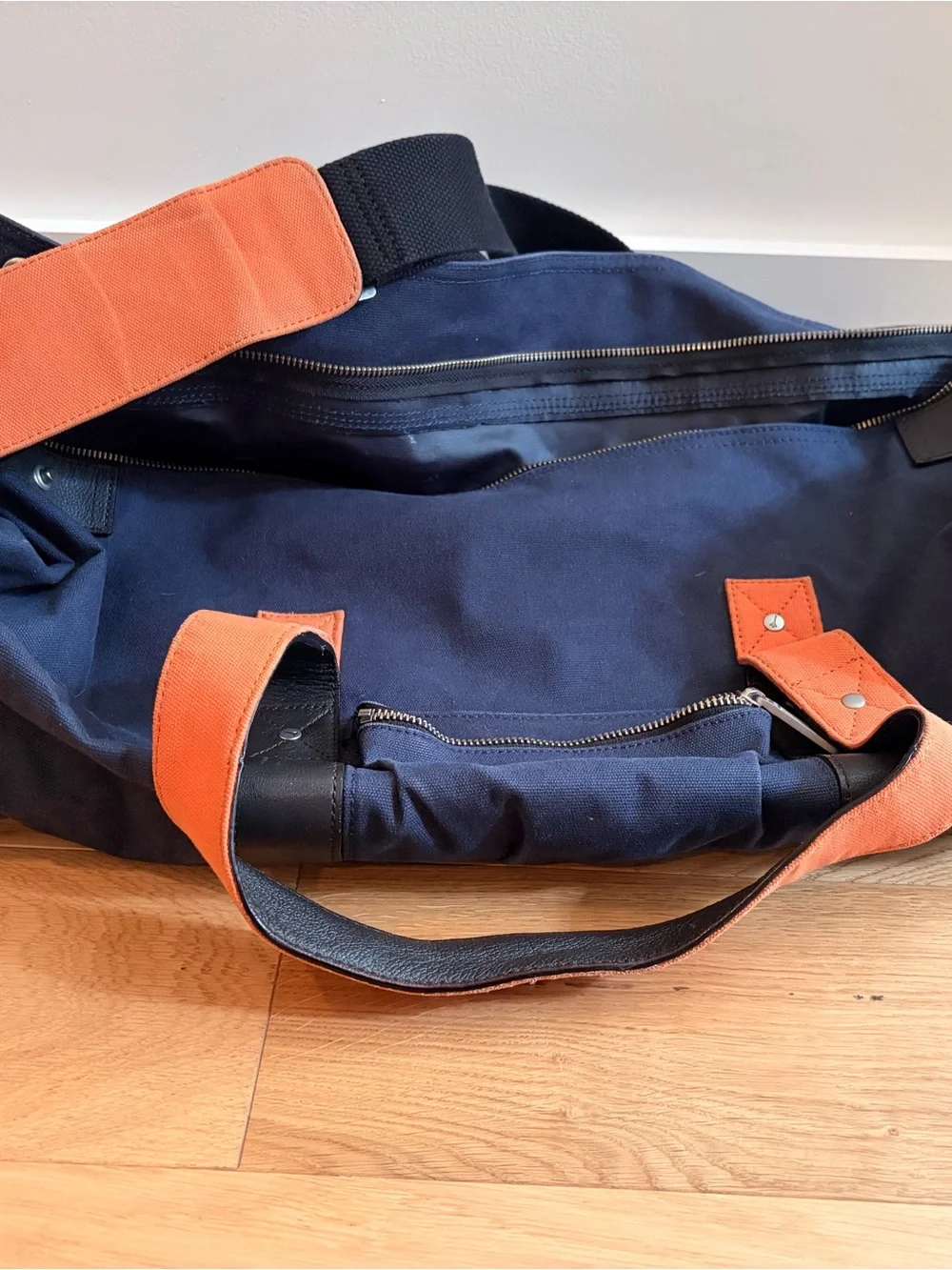 Jack Spade Navy Canvas Duffel with Orange Straps